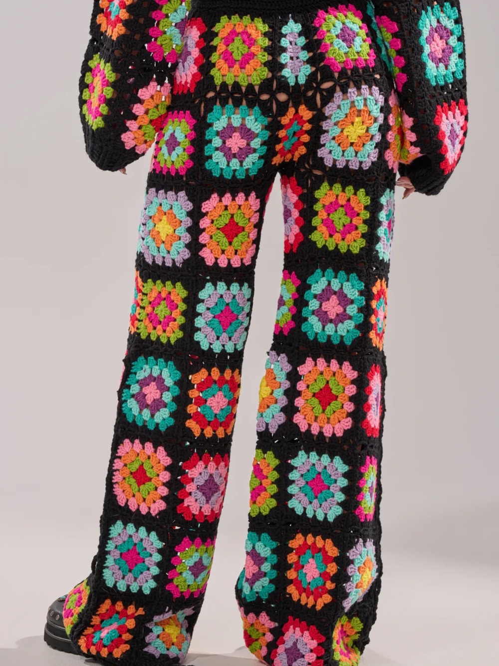 AKIRA Black Crochet Granny Square Festival Pants in Multicolor